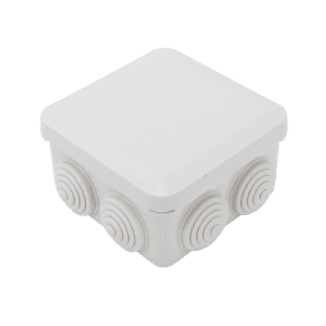 Caja Derivación-Conexión de Plástico (89 X 89 X 50 mm) con 7 Glándulas de Goma. Para Instalaciones Comerciales,  Residenciales e Industriales. Cerrado a Presión.